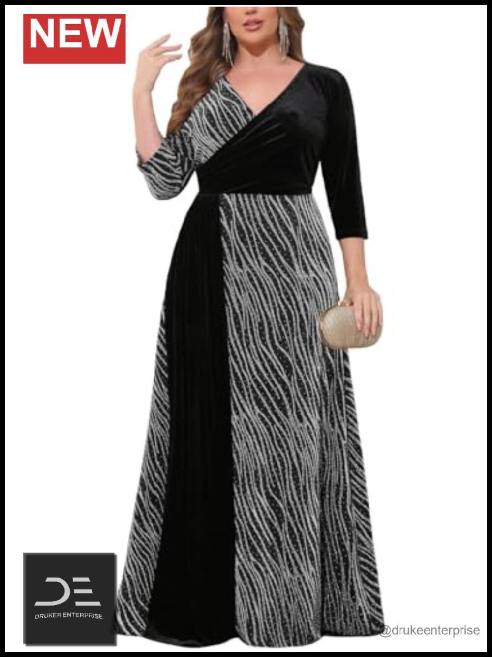 Plus Size Velvet Splice Sparkly Maxi Dress 3/4 Sleeve V-Neck Wrap A-line Formal